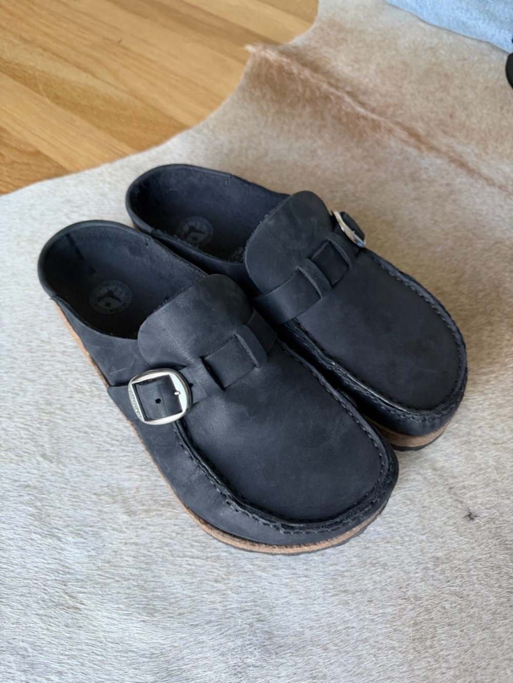 Buckley Birkenstocks Black Leather Slip-On Clog with Buckle